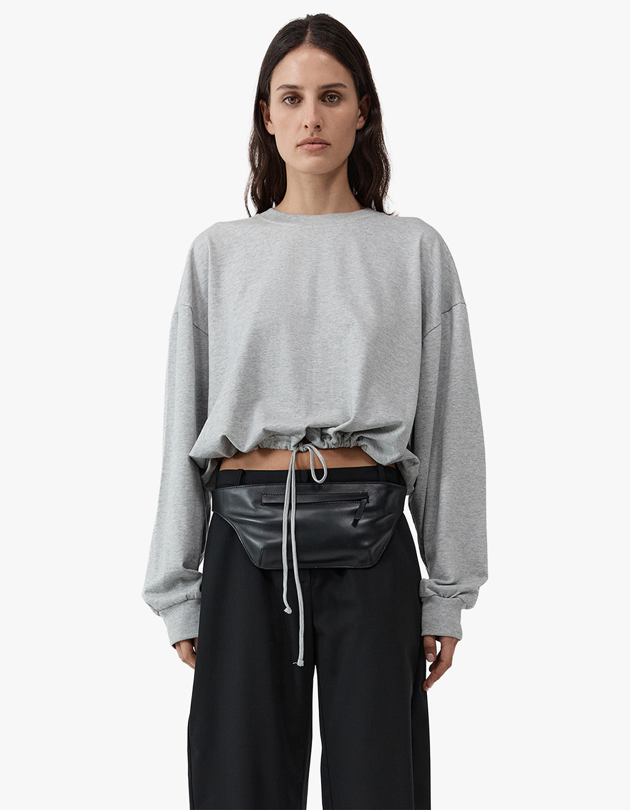 Drawstring Long Sleeve Top - Light Grey Marle