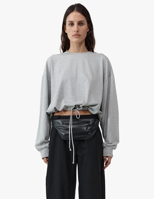 Drawstring Long Sleeve Top - Light Grey Marle