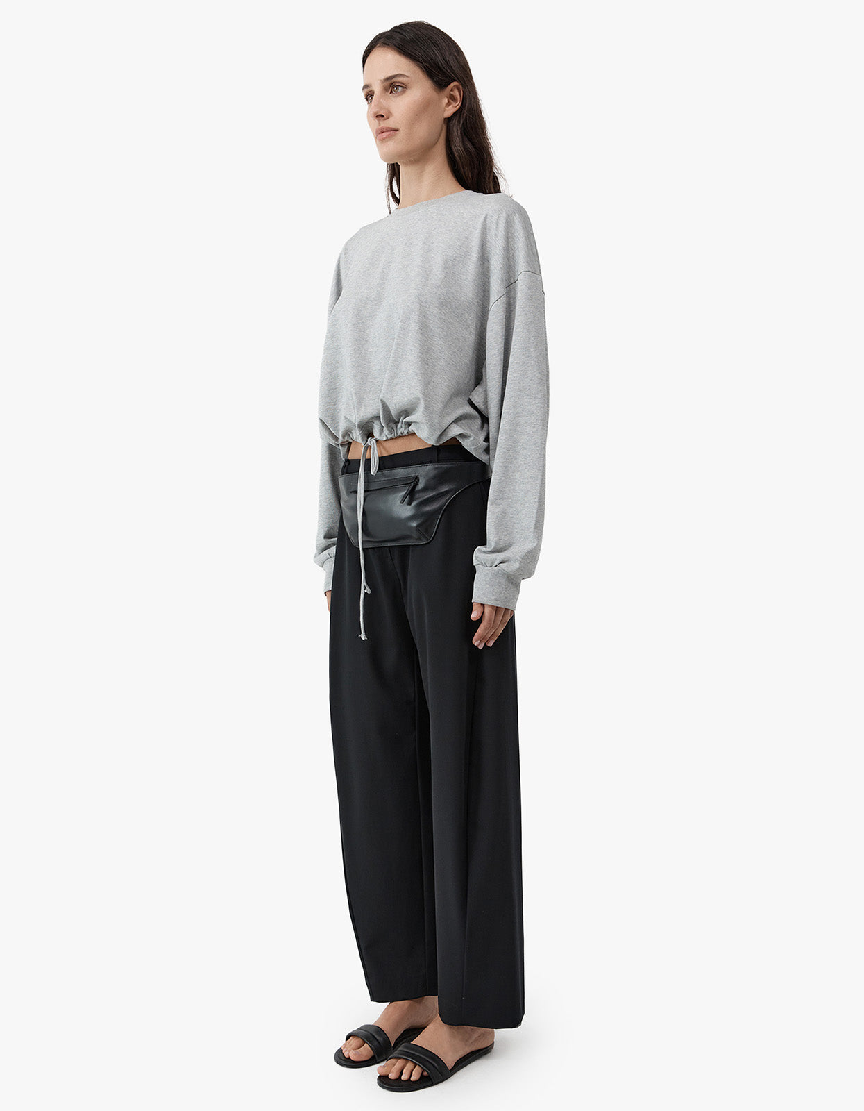 Drawstring Long Sleeve Top - Light Grey Marle