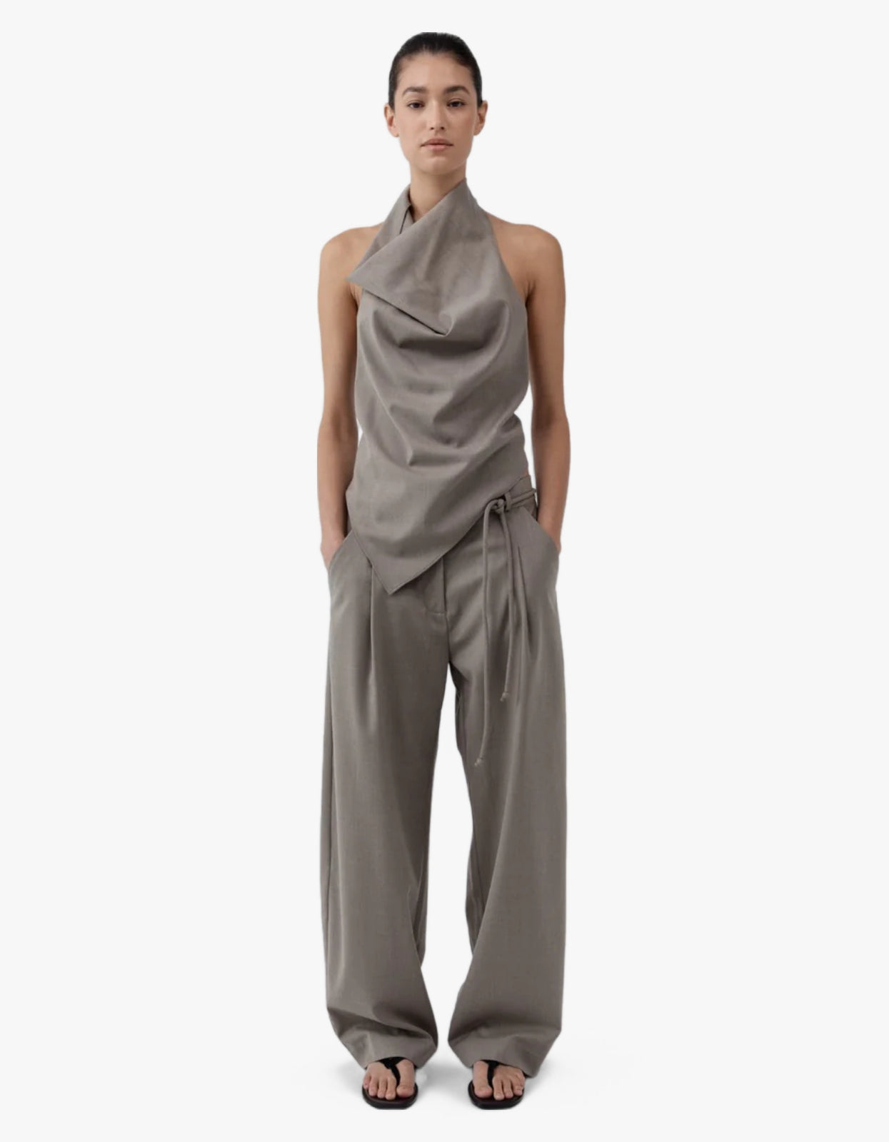 Wool Cowl Backless Top - Light Taupe