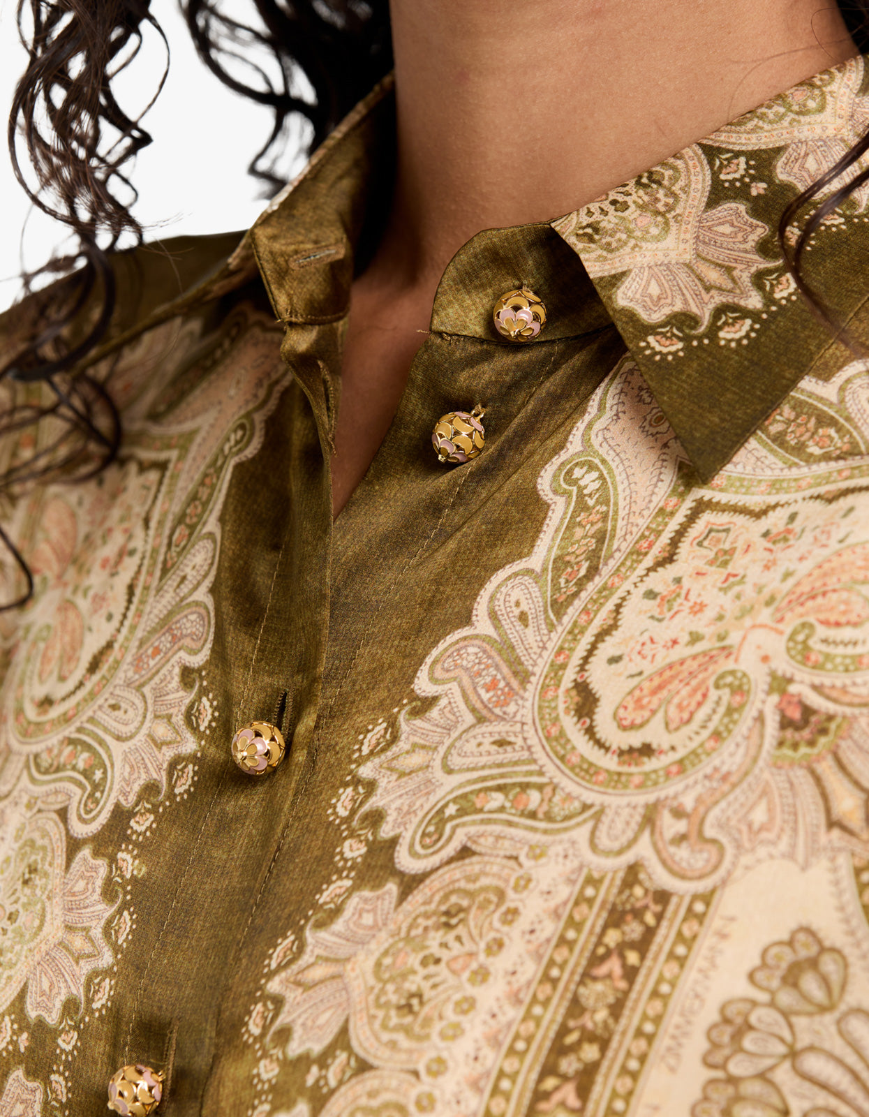 Luna Satin Shirt - Olive Perla Paisley