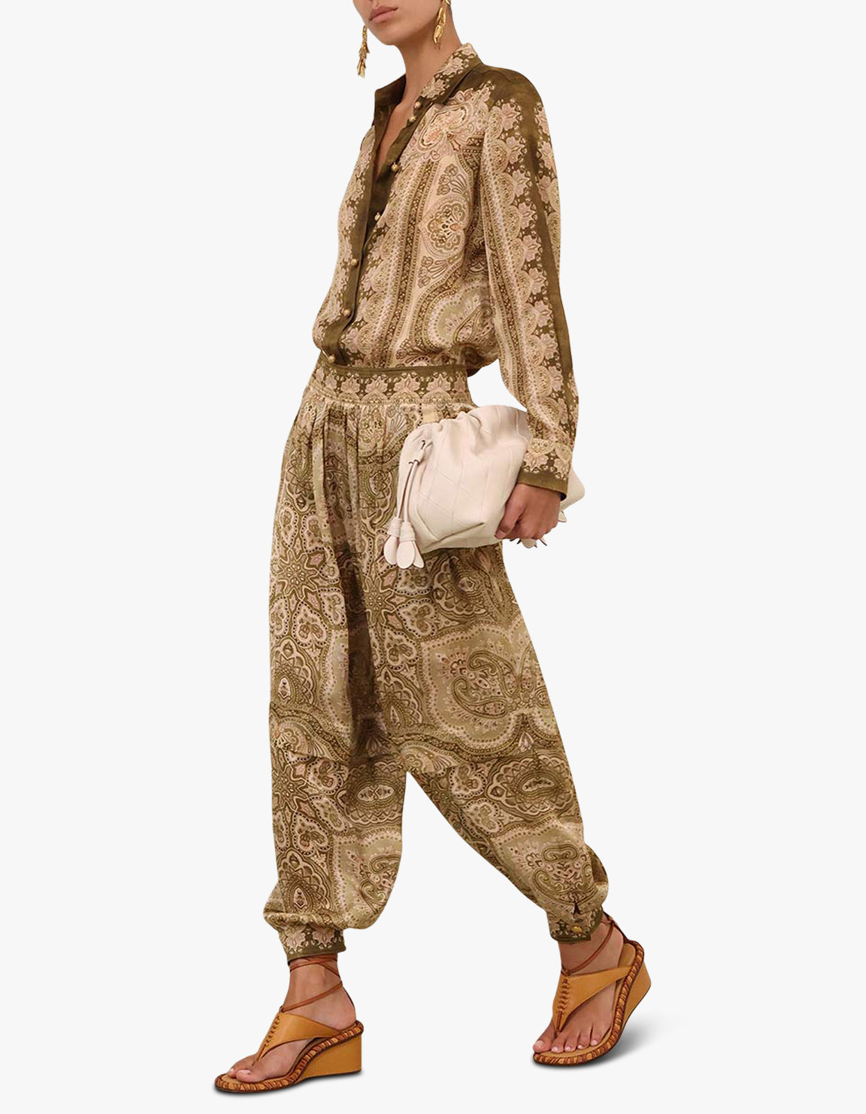 Luna Satin Harem Pant - Olive Perla Paisley