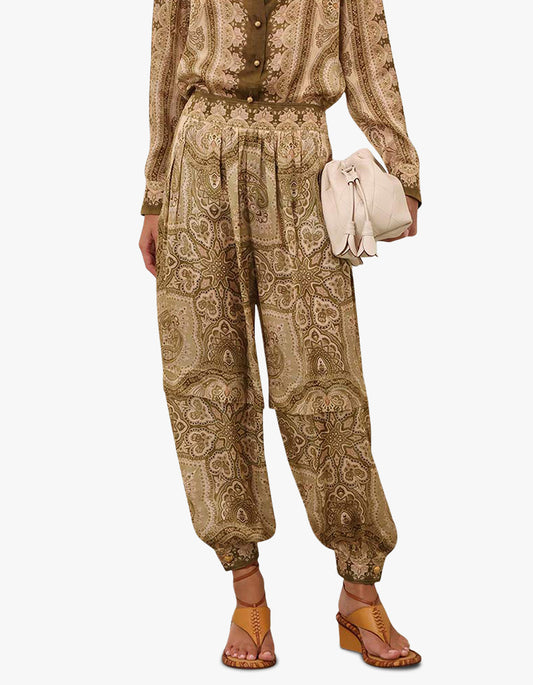 Luna Satin Harem Pant - Olive Perla Paisley