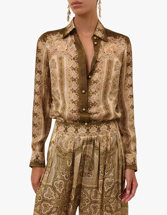 Luna Satin Shirt - Olive Perla Paisley