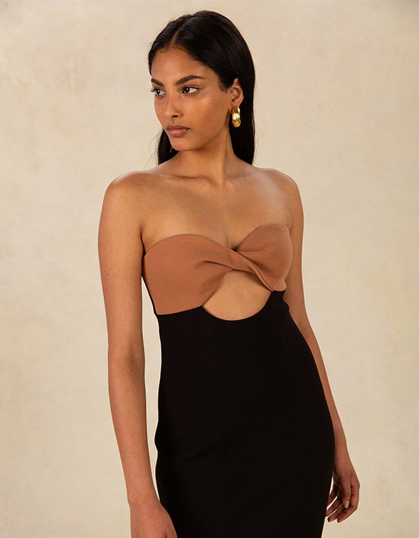 Oriella Midi Dress - Panelled Thigh Split Strapless Dress in Black