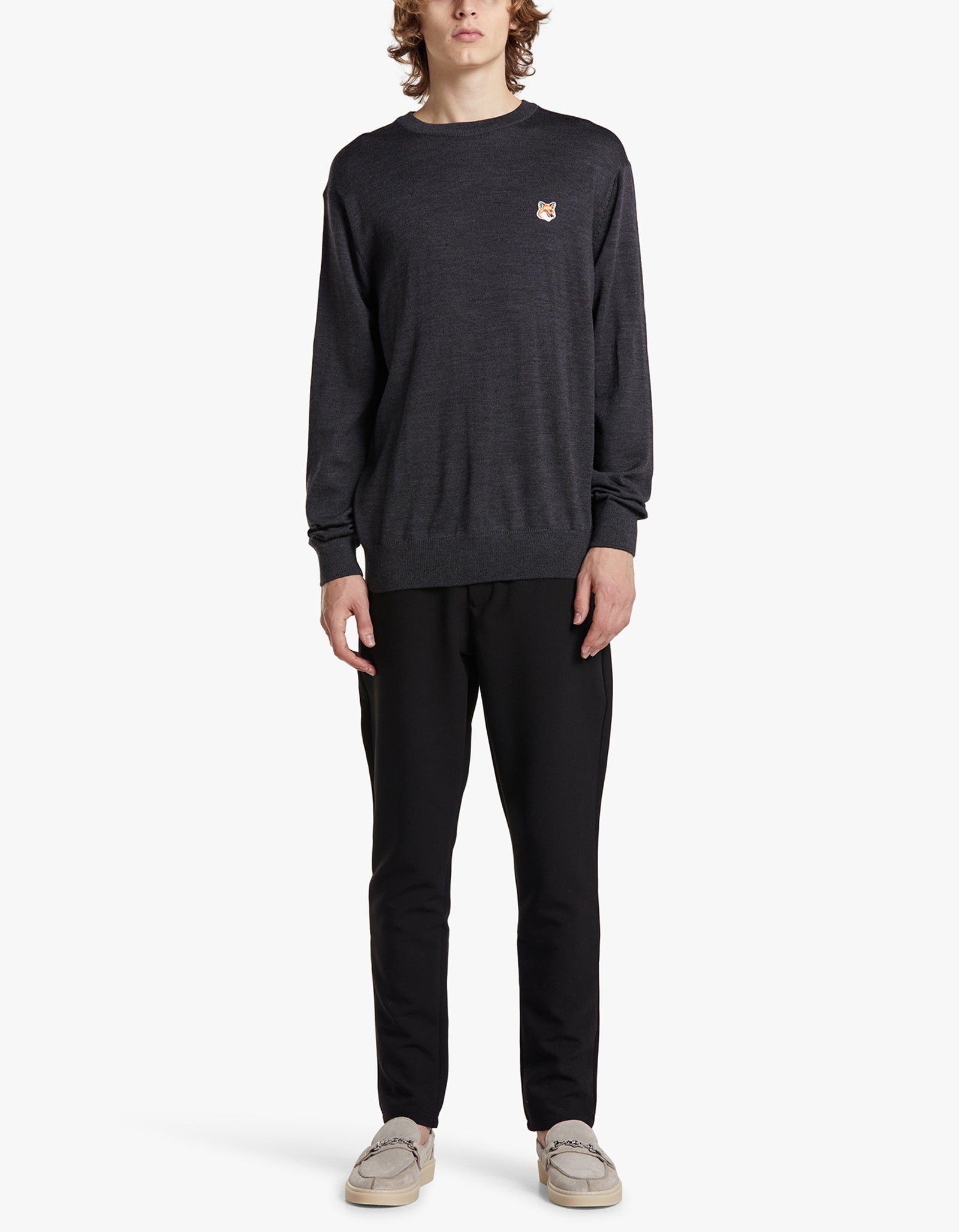 Superette | Fox Head Patch Regular R Neck Jumper - Anthracite Melange