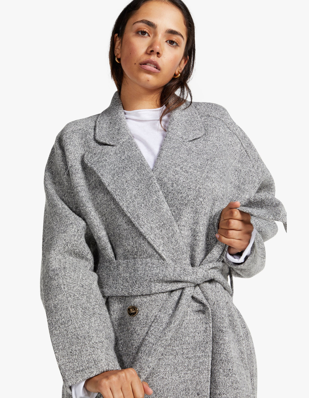 boohoo Short Belted Textured Wool Look Coat - Grey - Size 12