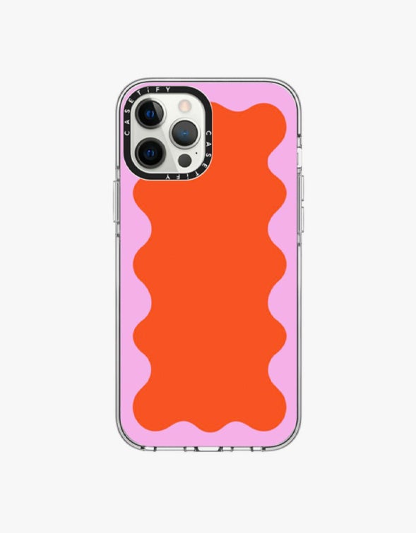 iPhone 12 Pro Max Magsafe Clear Case - Pink Wavy Border On Orange