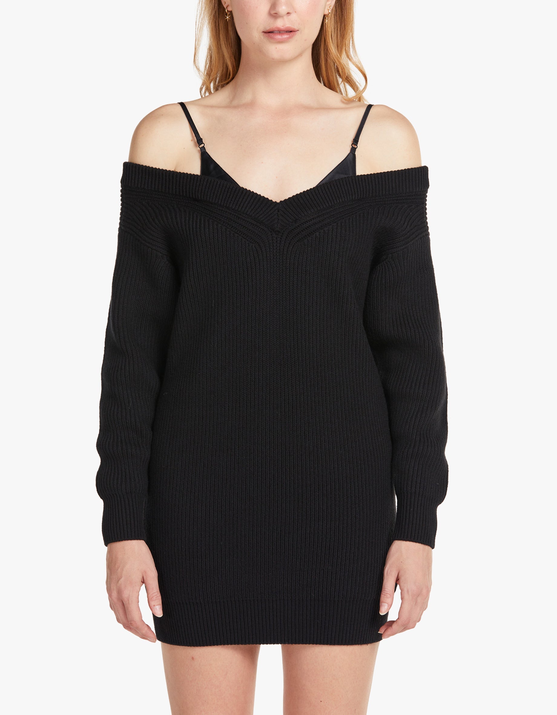 Superette V Neck Sweater Dress With Satin Cami Black